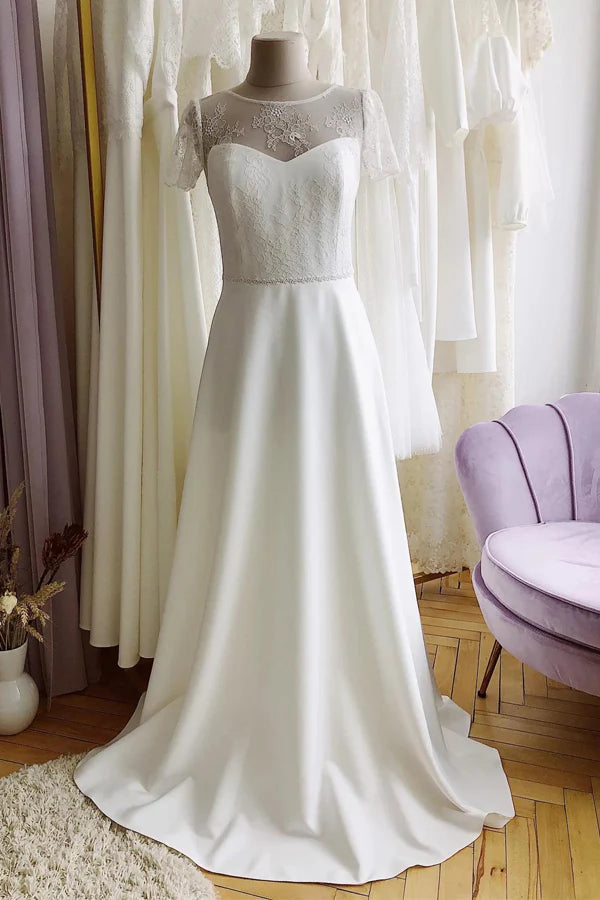 Simple Romantic A-line Modest Wedding Dress Beach Wedding Dress